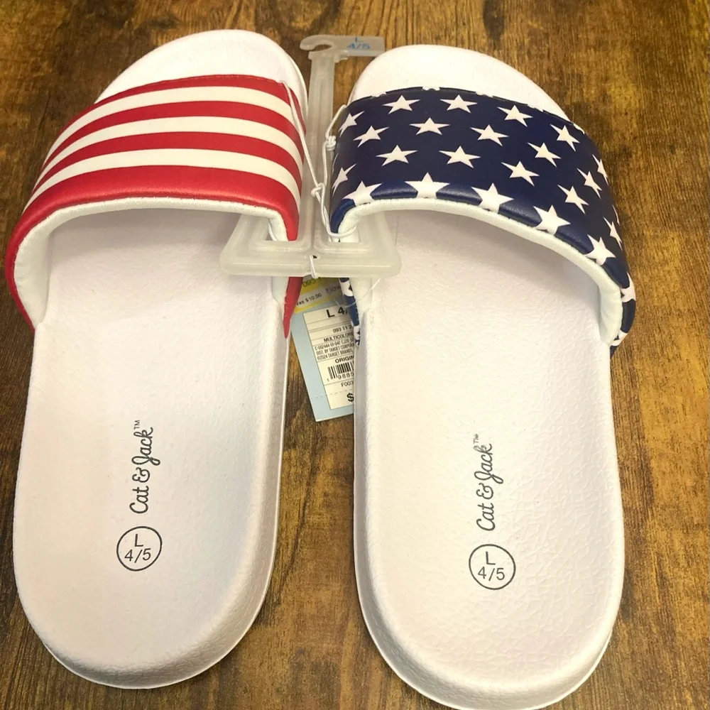 Kids' Devon Slides - Cat & Jack™ Blue Slip-on Sandals flag Large (4/5) New